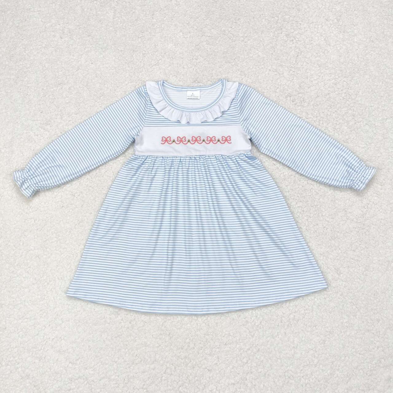 GLD0508 NO MOQ Embroidered bow pattern White lace Blue striped long-sleeved dress western clothes