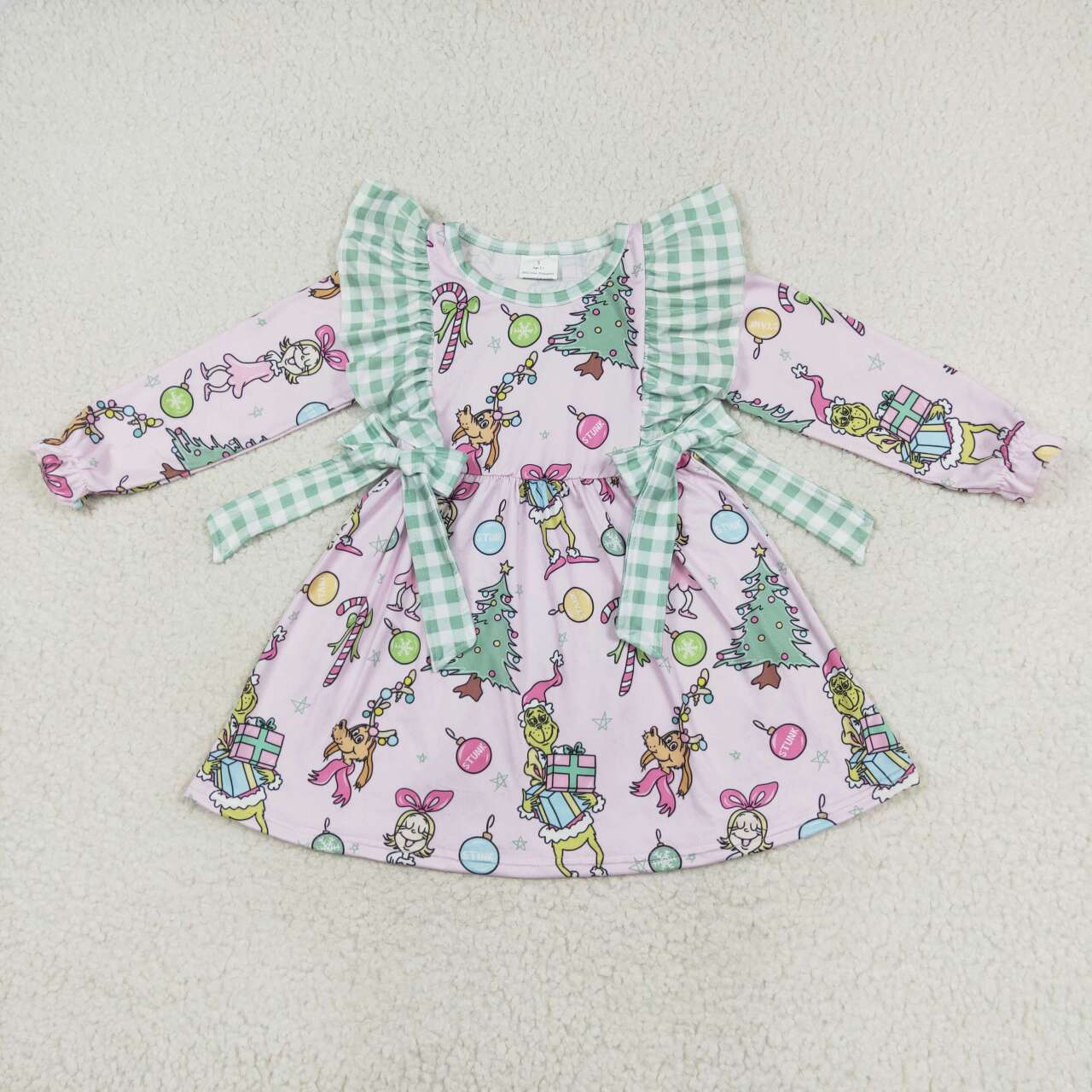 GLD0519 grinch Christmas gift Green plaid Lace bow pink long-sleeved dress