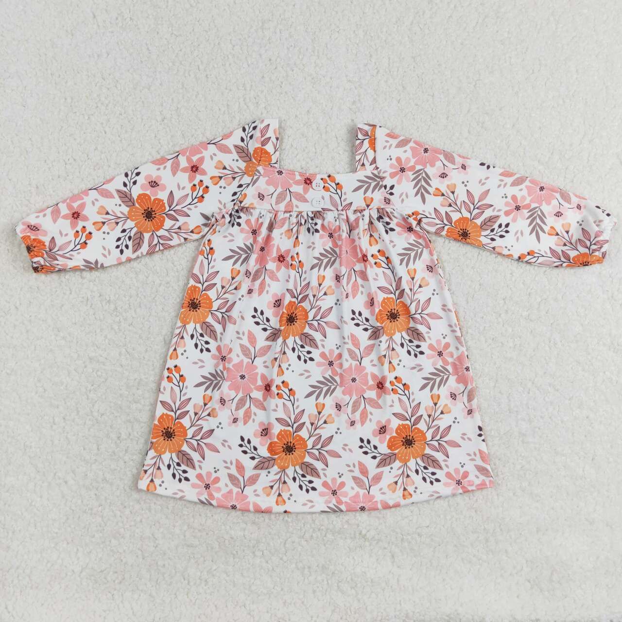 GLD0535 western clothes Long Sleeve Casual Dress with Square Neck Pink Orange Flower White Pattern on Cotton Fabric No MOQ