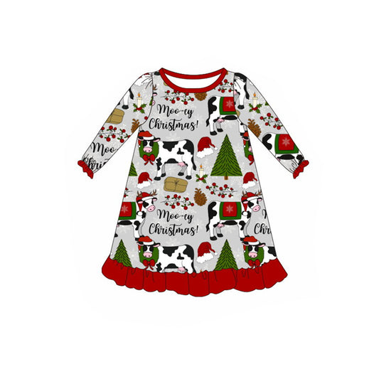 GLD0539 Christmas Cow Red Ruffle Long-Sleeved Dresses for Girls RTS 202509