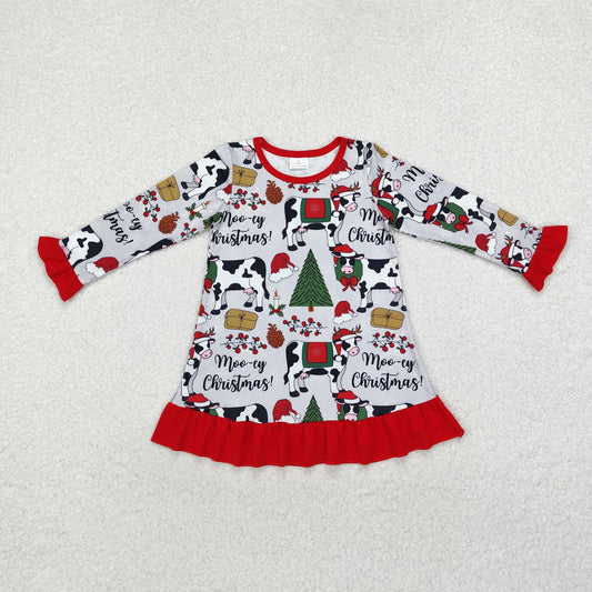 GLD0539 Christmas Cow Red Ruffle Long-Sleeved Dresses for Girls RTS 202509