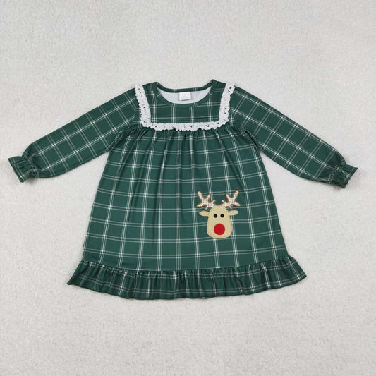 GLD0561 Embroidered Christmas Deer Lace Ruffle Green Plaid Long-Sleeved Dress for Girls 202509 RTS