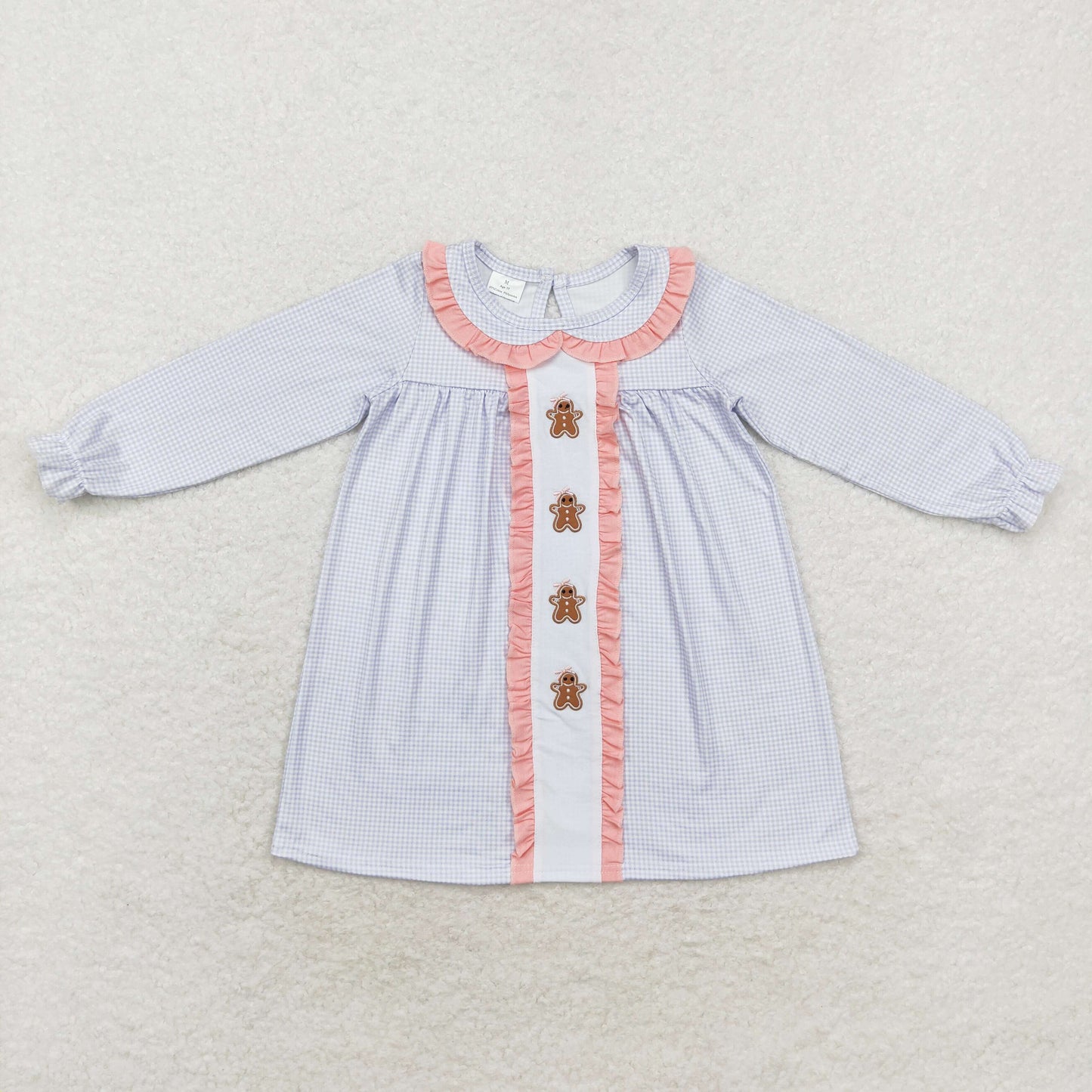 GLD0571 Embroidered gingerbread Man Pink Lace doll collar blue plaid long-sleeved dress