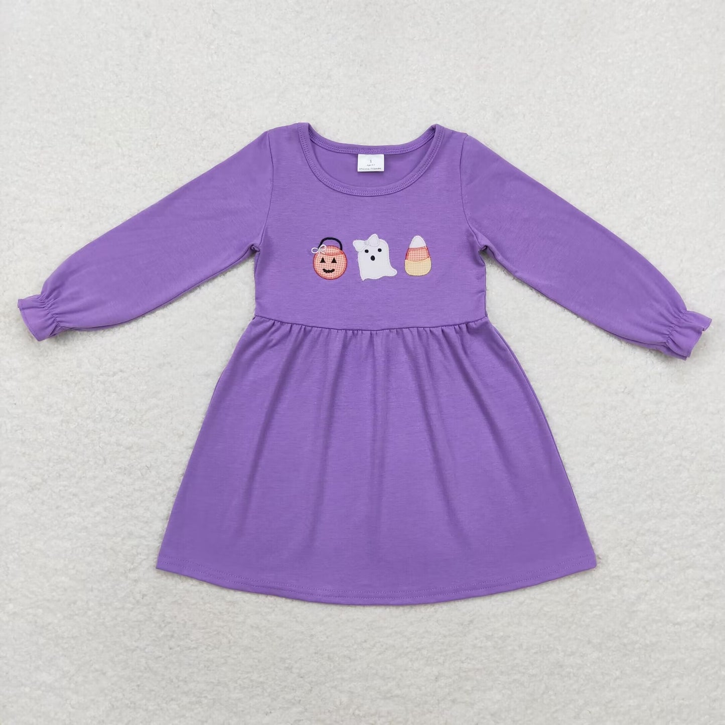 GLD0575 RTS Embroidered smiley face jack-o '-lantern Ghost candy purple long-sleeved dress