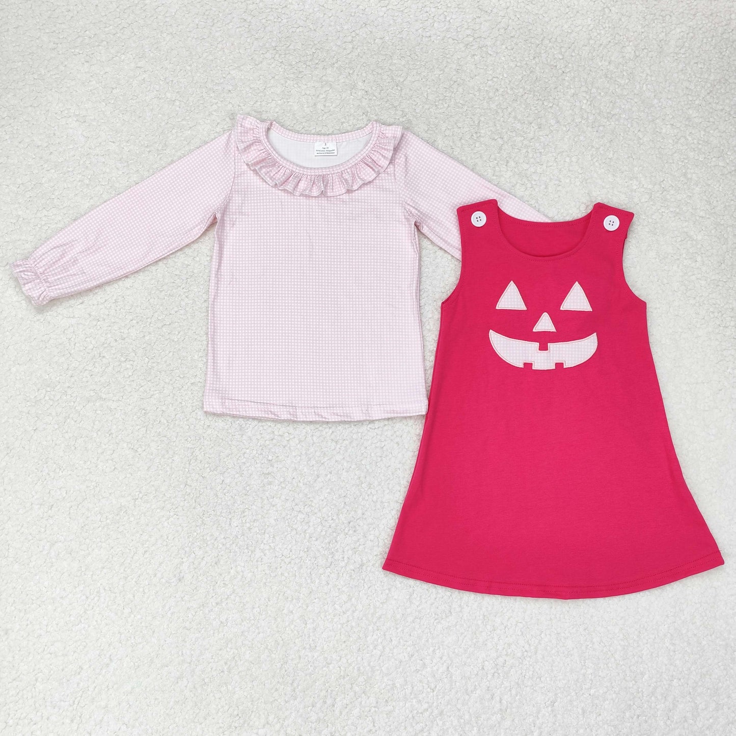 GLD0576 NO MOQ Halloween Pink plaid lace Long sleeve smiley face red sleeveless dress set western clothes