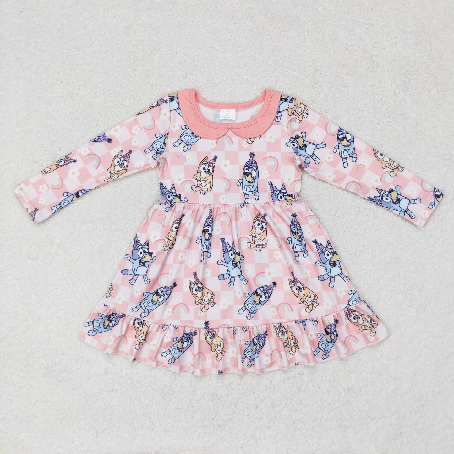 GLD0577 NO MOQ bluey Rainbow floral plaid pink doll collar long-sleeved dress