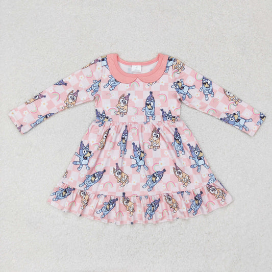 GLD0577 NO MOQ bluey Rainbow floral plaid pink doll collar long-sleeved dress
