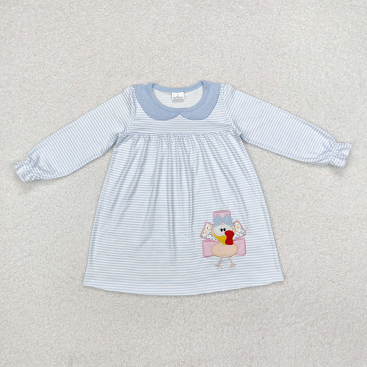 GLD0603 Embroidered Turkey striped blue doll collar long-sleeved dress