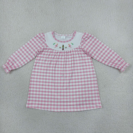 GLD0610 Embroidery Christmas Nutcracker Pink Plaid Girl's Dress