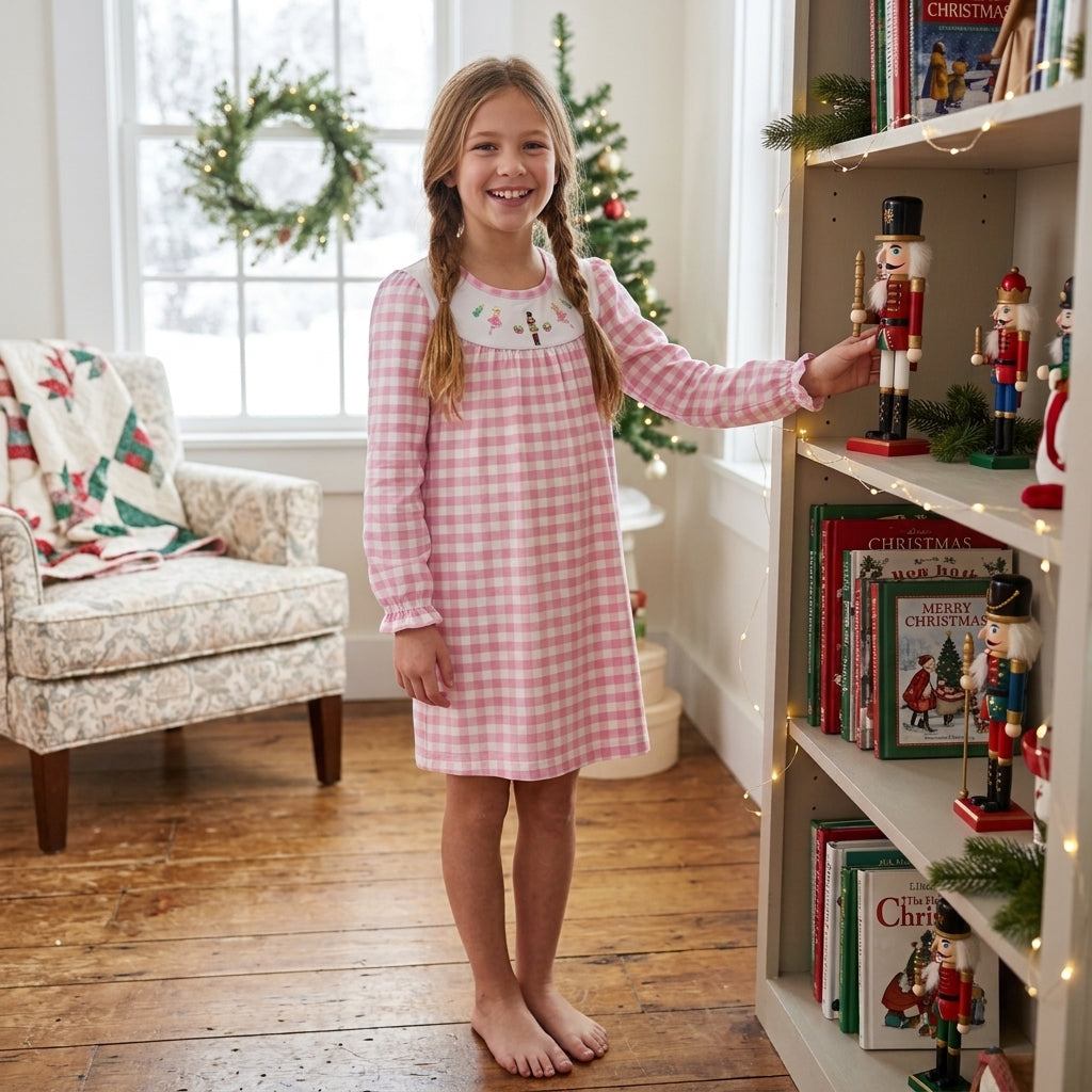 GLD0610 Embroidery Christmas Nutcracker Pink Plaid Girl's Dress