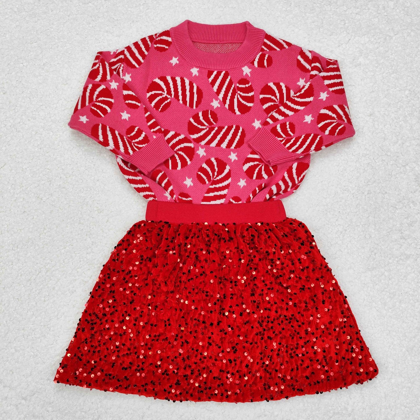 GLD0671 Christmas Red Sweater with Sequined Skirts Sets for Girls RTS 202509