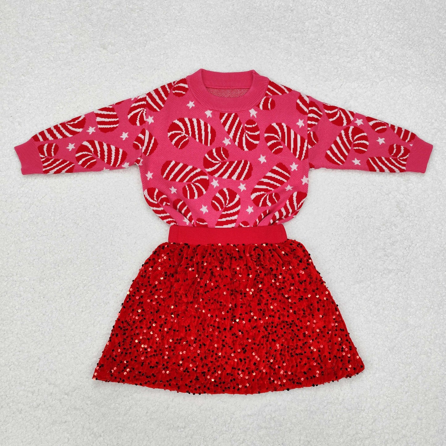 GLD0671 Christmas Red Sweater with Sequined Skirts Sets for Girls RTS 202509