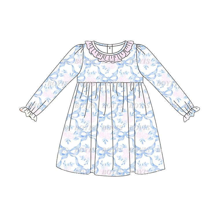 Preorder GLD0693 NO MOQ Flower bow pattern Pink lace white long-sleeved dress
