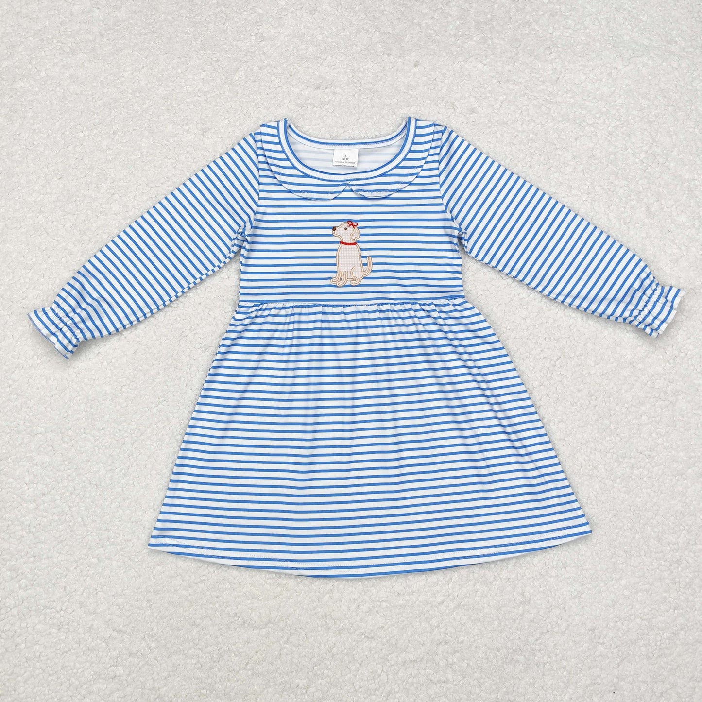 GLD0701 Embroidered puppy striped doll collar blue and white long-sleeved dress