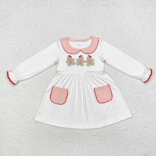 GLD0765 Embroidered Christmas Gingerbread Man Pocket Doll Collar Long-Sleeved Dresses fore Girls RTS 202509