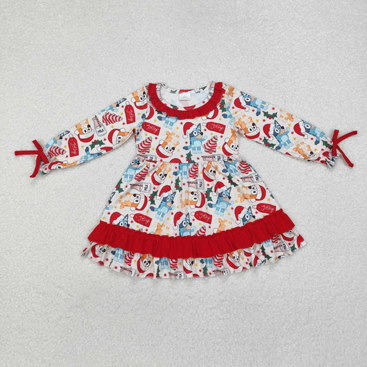 GLD0802 Christmas Hat Cartoon Bluey Red Ruffle Long-Sleeved Dresses for Girls RTS 202509