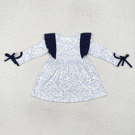GLD0836 Flower Leaf Navy Ruffle Long-Sleeved Dresses for Girls RTS 202509