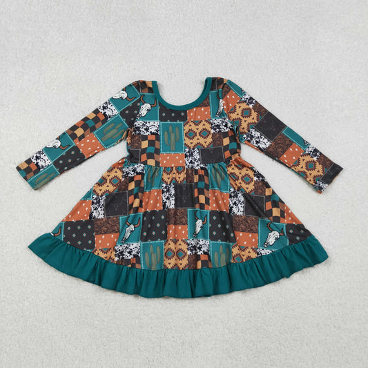 GLD0837 Cactus Cowgirl Plaid Ruffle Long Sleeve Dresses for Girls  202510 RTS