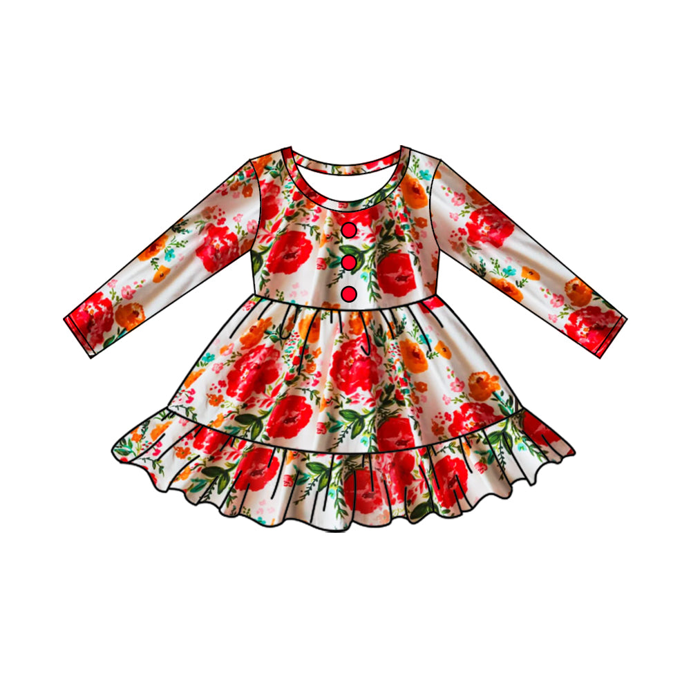 Preorder GLD0860 Flower leaves red button-up long-sleeved dress