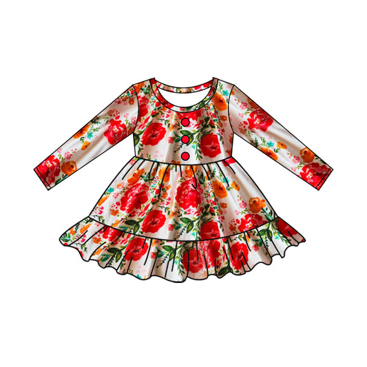 Preorder GLD0860 Flower leaves red button-up long-sleeved dress