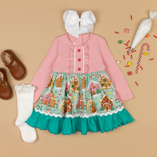 Preorder GLD0861 Christmas House lace lace button pink long-sleeved dress