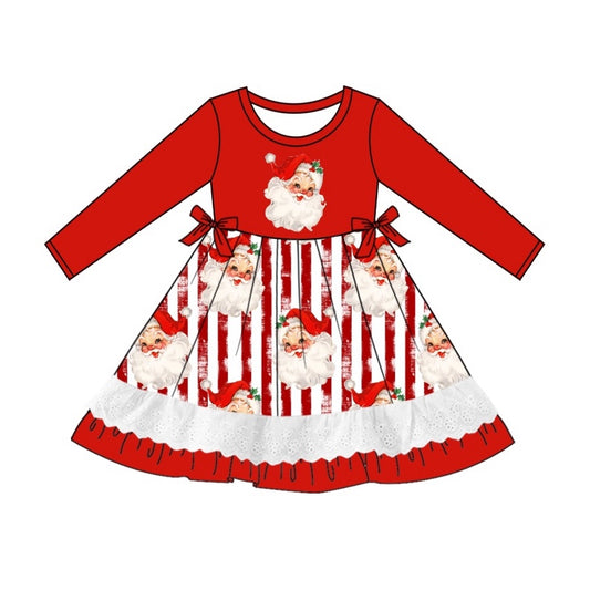 GLD0881 Christmas Lace Ruffle Stripe Red Long Sleeve Dresses for Girls RTS 202509
