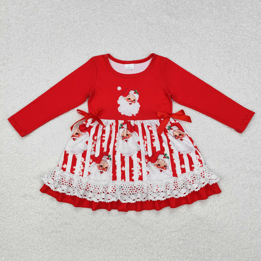 GLD0881 Christmas Lace Ruffle Stripe Red Long Sleeve Dresses for Girls RTS 202509