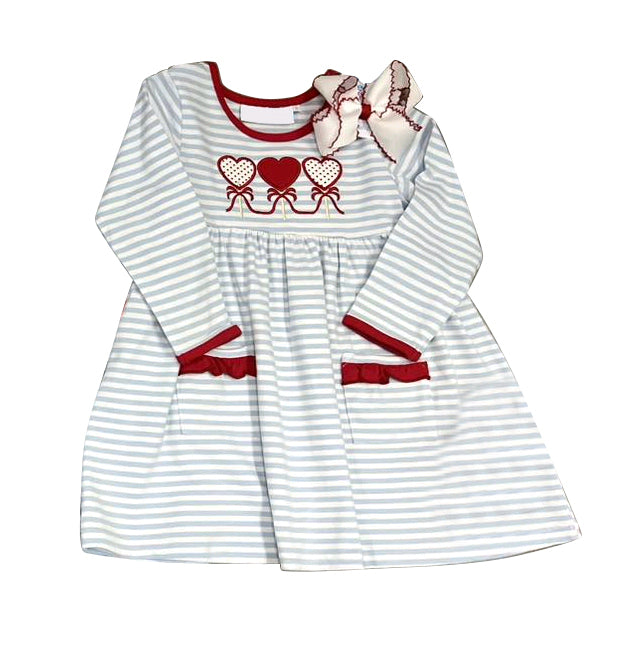 GLD0884 Embroidered Heart Stripe Red Ruffle Pocket Long Sleeve Dress for Girls High Quality RTS 202509