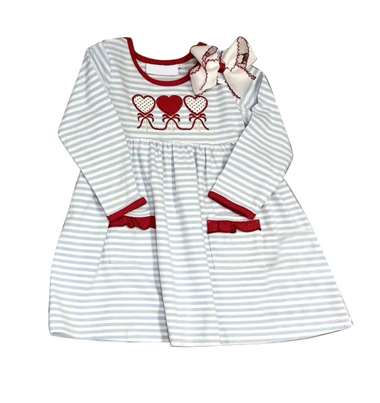 GLD0884 Embroidered Heart Stripe Red Ruffle Pocket Long Sleeve Dress for Girls High Quality RTS 202509