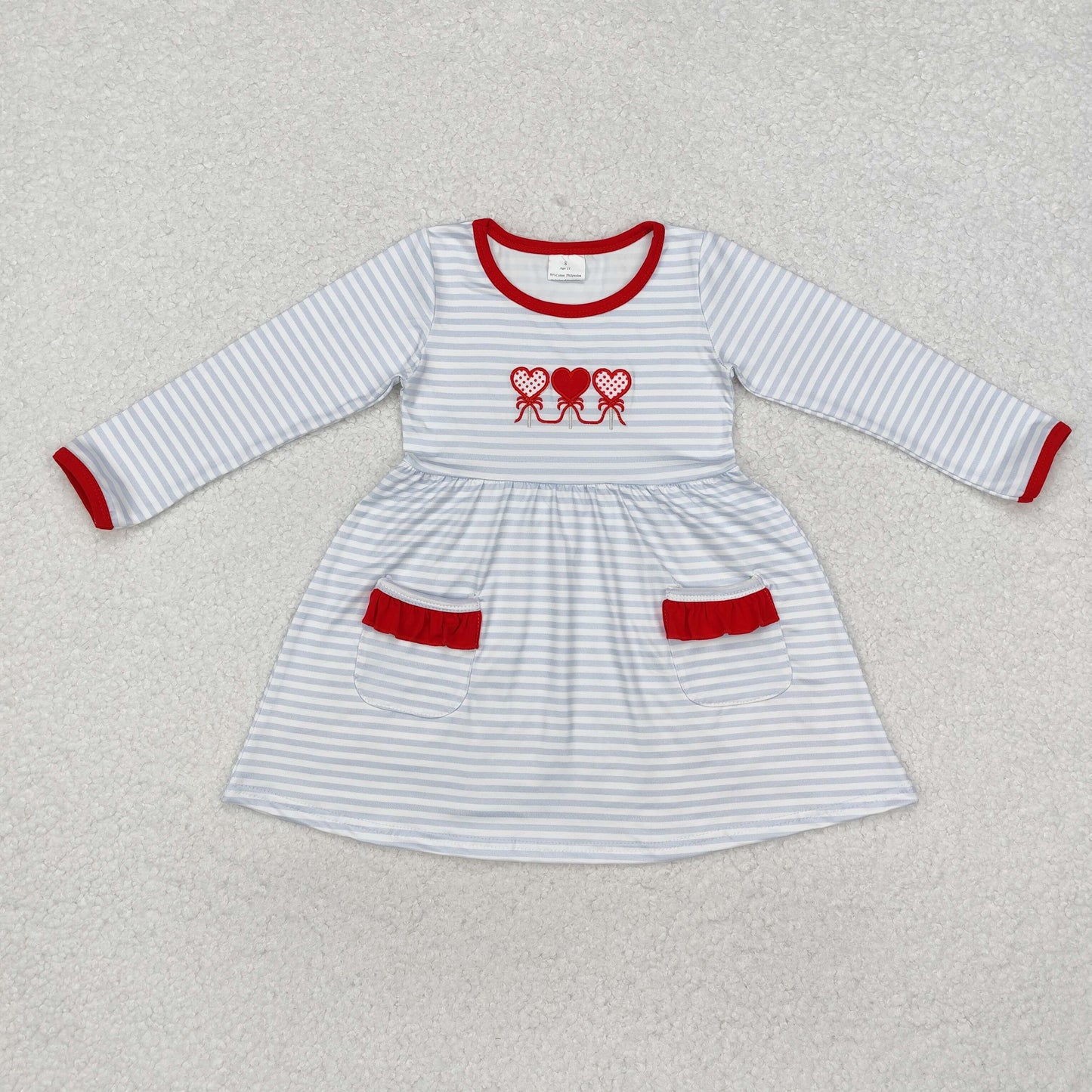 GLD0884 Embroidered Heart Stripe Red Ruffle Pocket Long Sleeve Dress for Girls High Quality RTS 202509