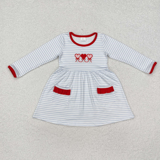 GLD0884 Embroidered Heart Stripe Red Ruffle Pocket Long Sleeve Dress for Girls High Quality RTS 202509