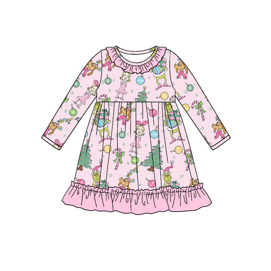 Preorder GLD0909 grinch Christmas Tree Girl long-sleeved dress with pink lace