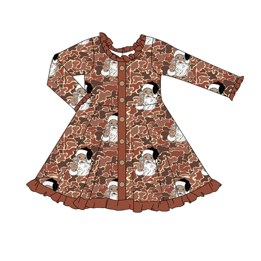 GLD0910 Leopard Ruffle Christmas Santa Claus Brown Long-Sleeved Dresses fore Girls RTS 202509