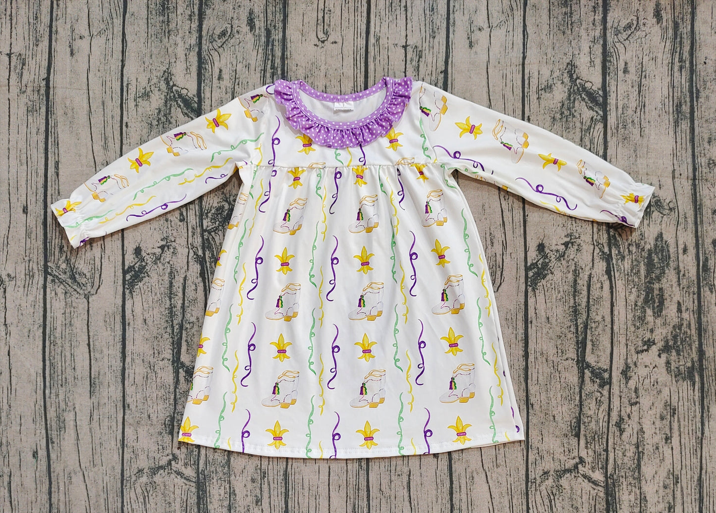NO MOQ preorder GLD0949 Mardi Gras Purple Ruffle Long Sleeve Dresses for Girls 202509