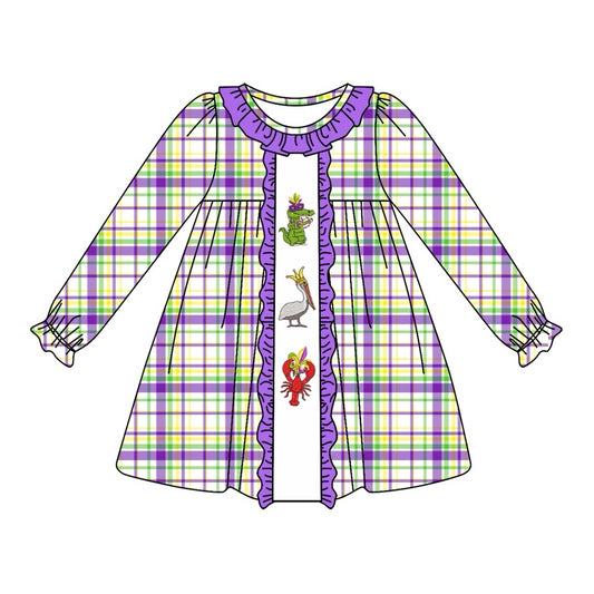 Preorder GLD0953 Carnival Crocodile bird Lobster purple lace plaid long-sleeved dress