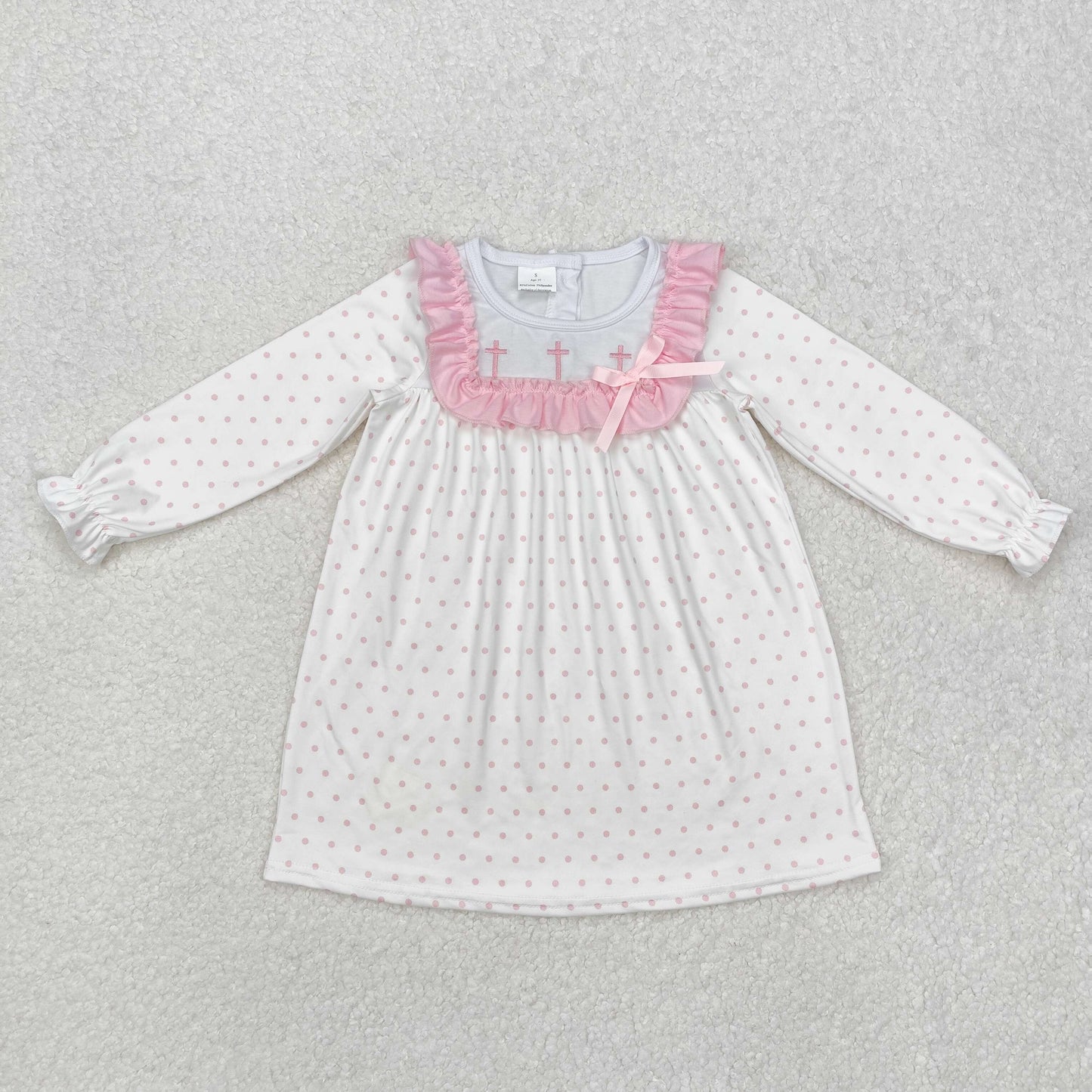 GLD0981 White Dot Pink Ruffle long sleeve dress embroidery cross boutique baby girl outfit RTS 202412
