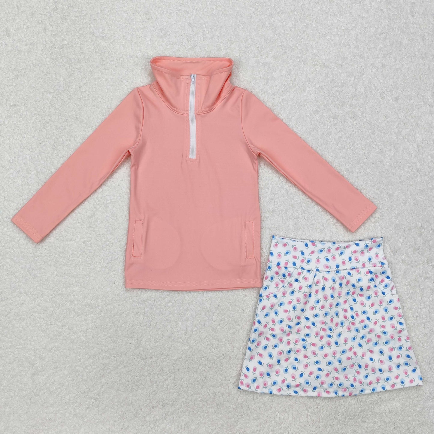 GLD0984 Yoga outfit Orange Pink stand-up zipper top with pocket colored dot skirts culottes Baby girls boutique outfit RTS 202501