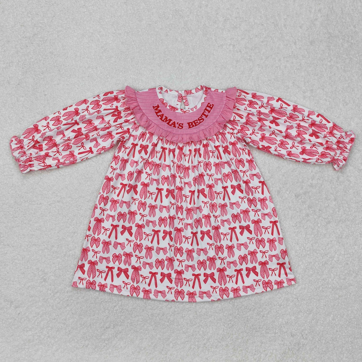 GLD0990 Hot Pink Bow Valentines Boutique Outfit Embroidery MAMA’S BEST Baby girl long sleeve dress girls boutique outfit 202501