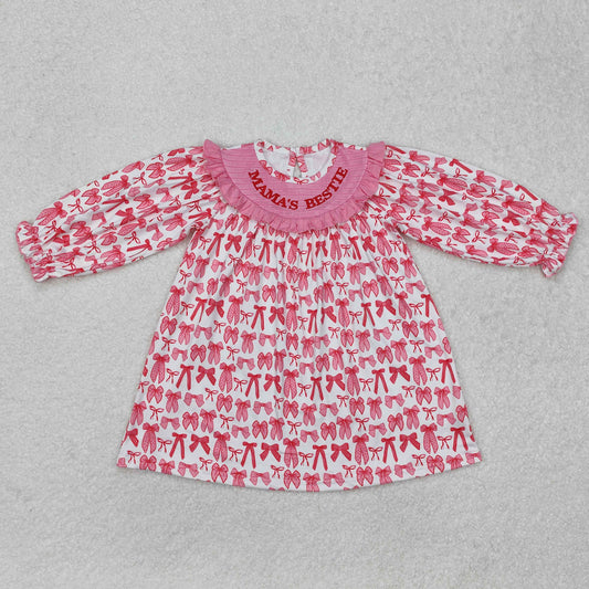 GLD0990  Hot Pink Bow Valentines Boutique Outfit Embroidery MAMA’S BEST Baby girl long sleeve dress girls boutique outfit 202501