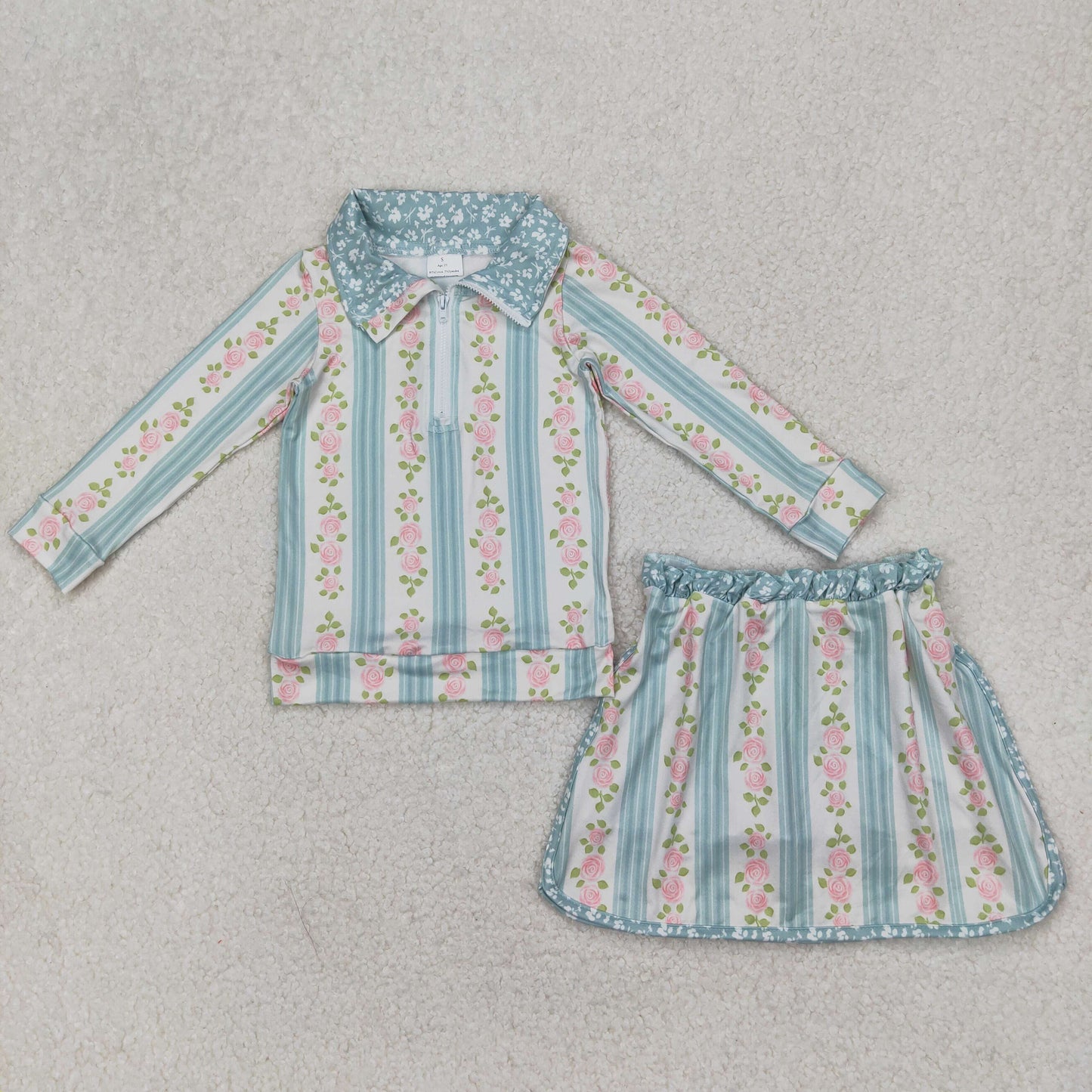 GLD1001 Blue Green Flower Stripe Zip Stand-up Long Sleeve Top Ruffle Skirts Shorts Sets Girls Boutique Outfits 202504 RTS