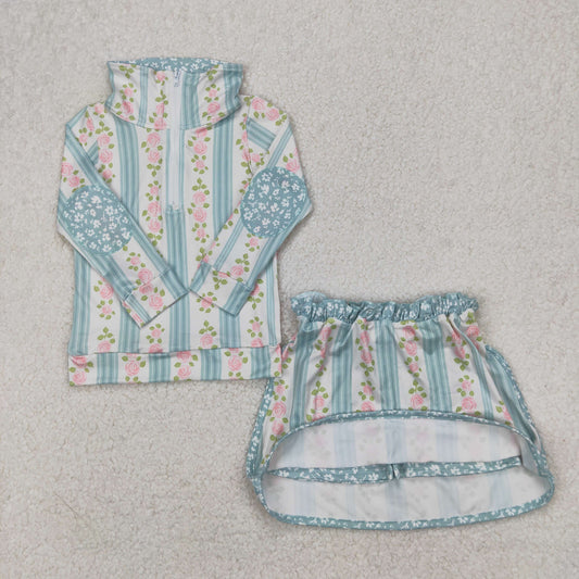 GLD1001 Blue Green Flower Stripe Zip Stand-up Long Sleeve Top Ruffle Skirts Shorts Sets Girls Boutique Outfits 202504 RTS