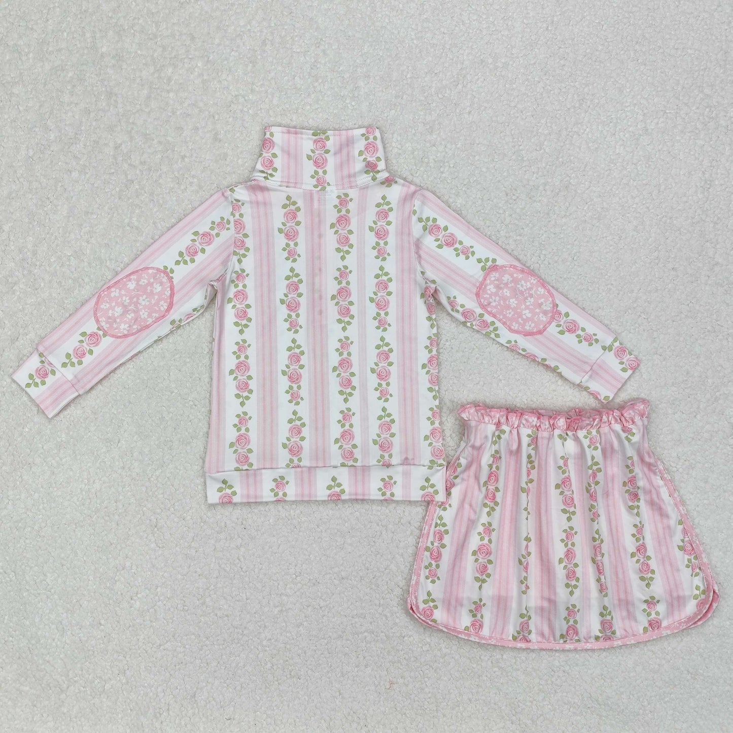 GLD1002 Pink Flower Striped stand-up long sleeve Top ruffle skirts sweet girls boutique summer sets 202503 RTS