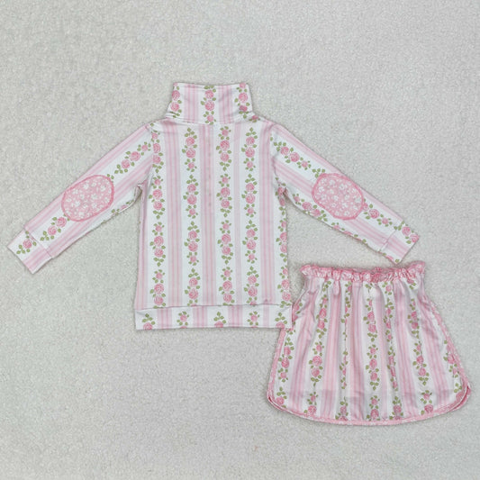 GLD1002 Pink Flower Striped stand-up long sleeve Top ruffle skirts sweet girls boutique summer sets 202503 RTS