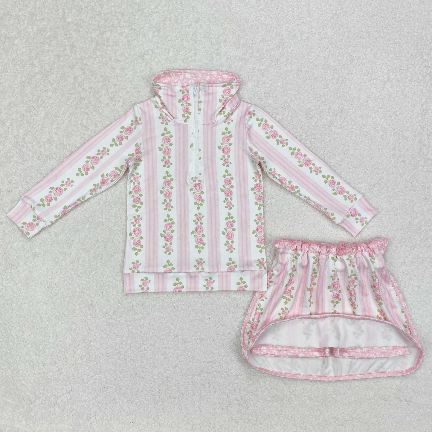 GLD1002 Pink Flower Striped stand-up long sleeve Top ruffle skirts sweet girls boutique summer sets 202503 RTS