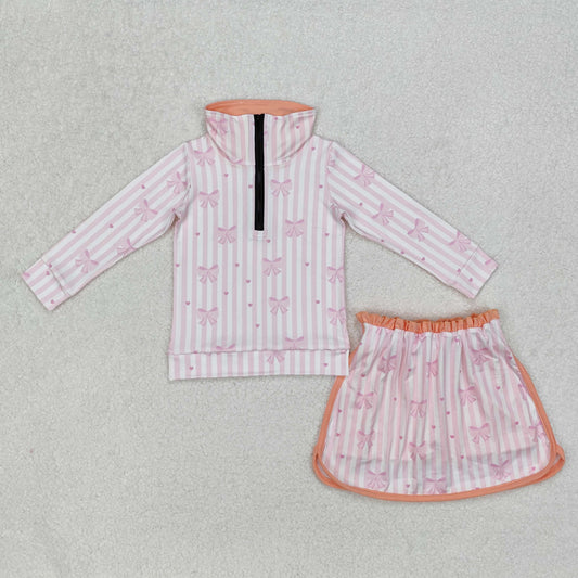 GLD1004 Orange Pink Bows Striped ruffle stand-up long sleeve Top skirts girls boutique summer sets 202503 RTS