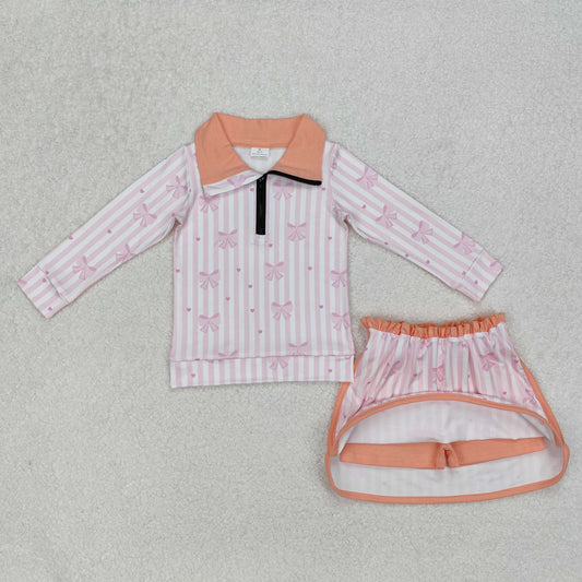 GLD1004 Orange Pink Bows Striped ruffle stand-up long sleeve Top skirts girls boutique summer sets 202503 RTS