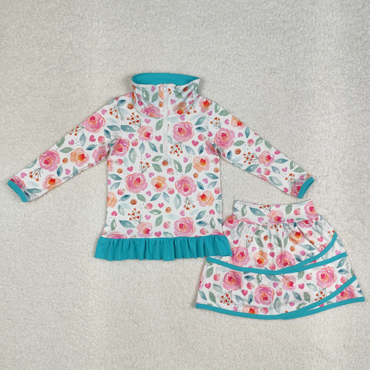 GLD1009 Baby girl Blue Pink flower ruffle stand-up long sleeve Top skirts boutique summer sets 202502 RTS