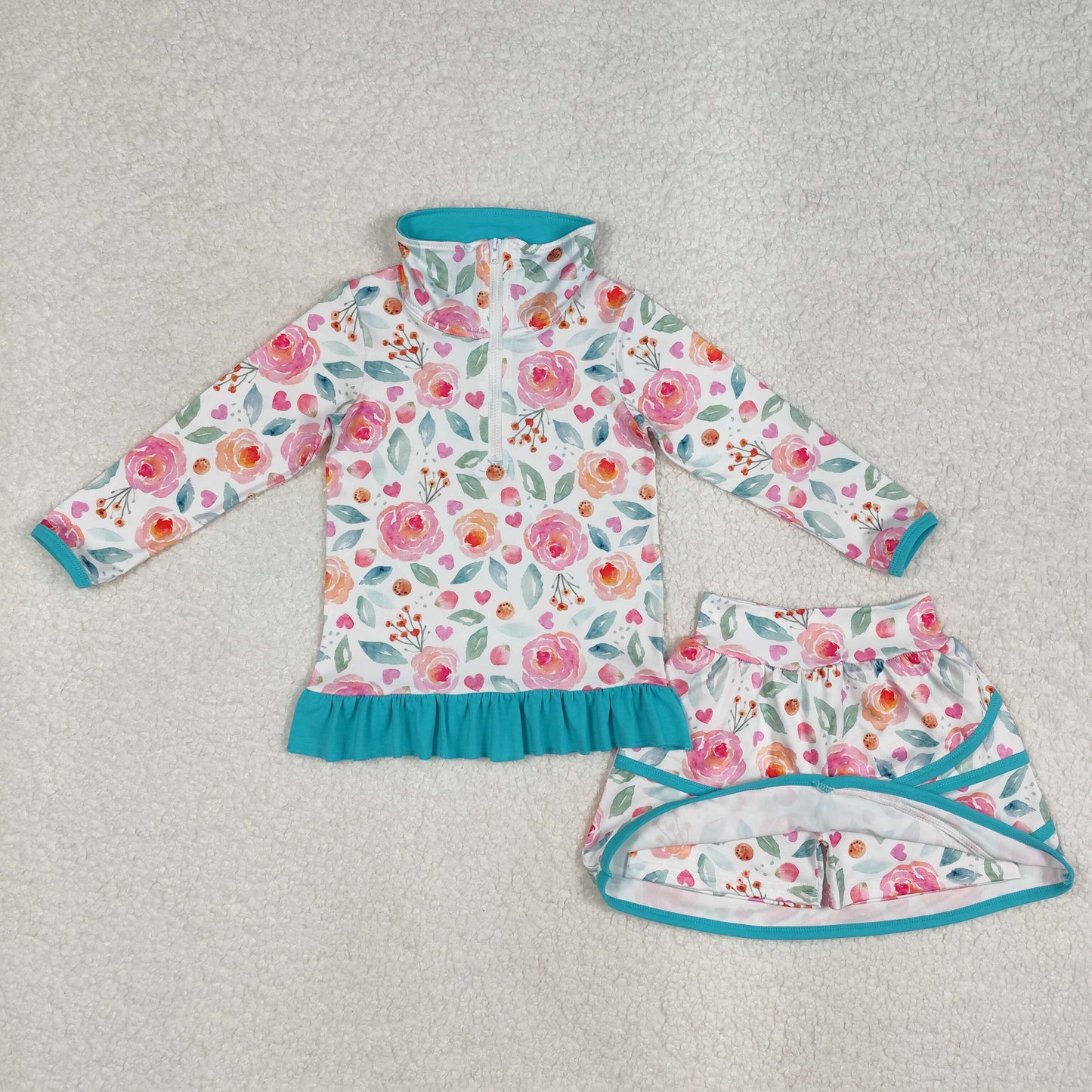 GLD1009 Baby girl Blue Pink flower ruffle stand-up long sleeve Top skirts boutique summer sets 202502 RTS