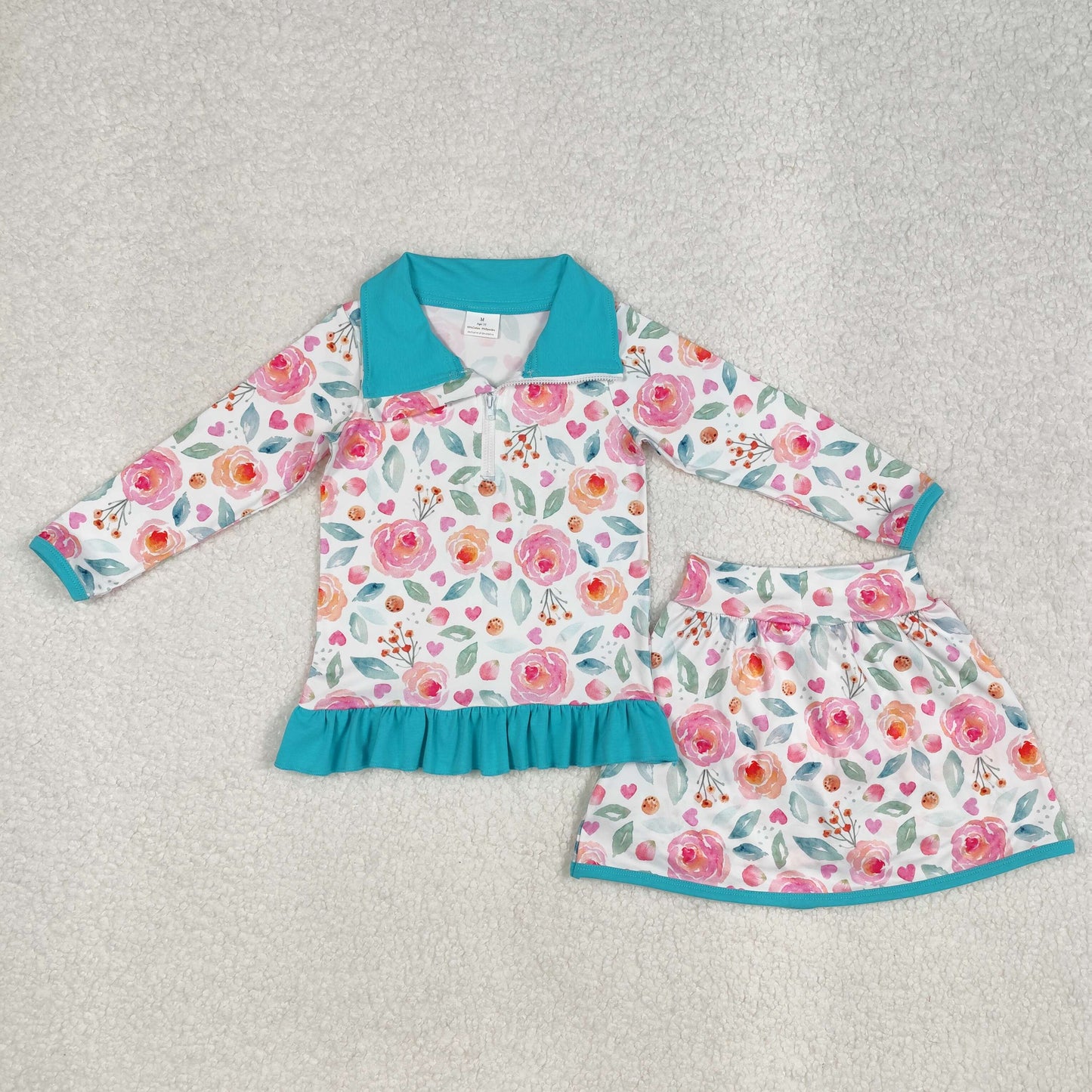 GLD1009 Baby girl Blue Pink flower ruffle stand-up long sleeve Top skirts boutique summer sets 202502 RTS