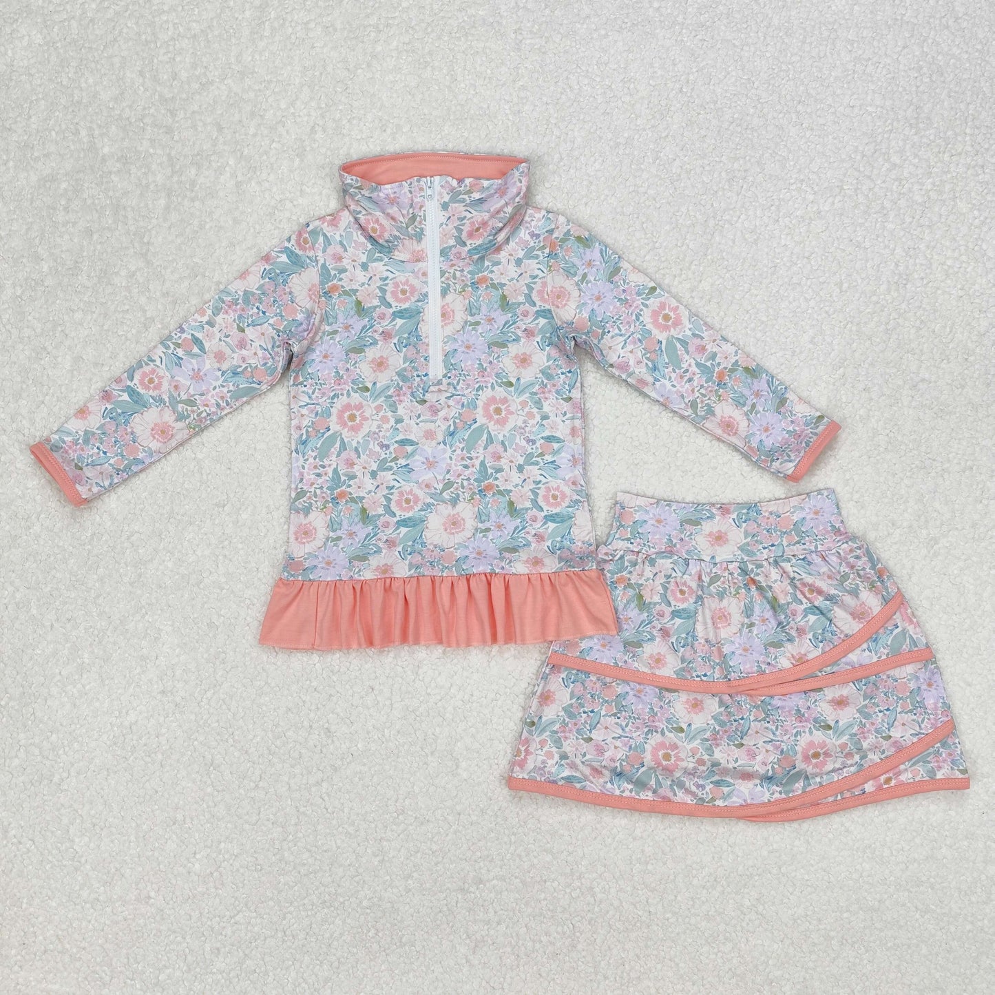 GLD1010 Orange Pink Green Flower leaf ruffle stand-up long sleeve Top skirts girls boutique summer sets 202503 RTS